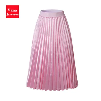 

Woman Summer Skirt Metallic Pleated Silk Satin Banquet Party Lady Skirt High Waist Womans Solid Elegant Pink Silver rokjes dames