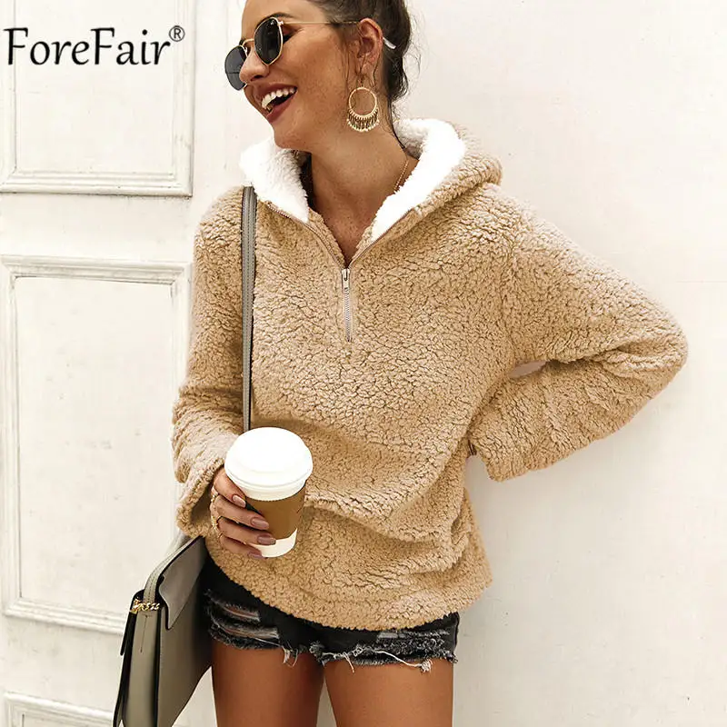 Хаки Forefair/пушистые толстовки на молнии для женщин; сезон зима-осень; розовый свободный свитер; водолазка; уличная одежда; пуловер; женская одежда - Цвет: Хаки