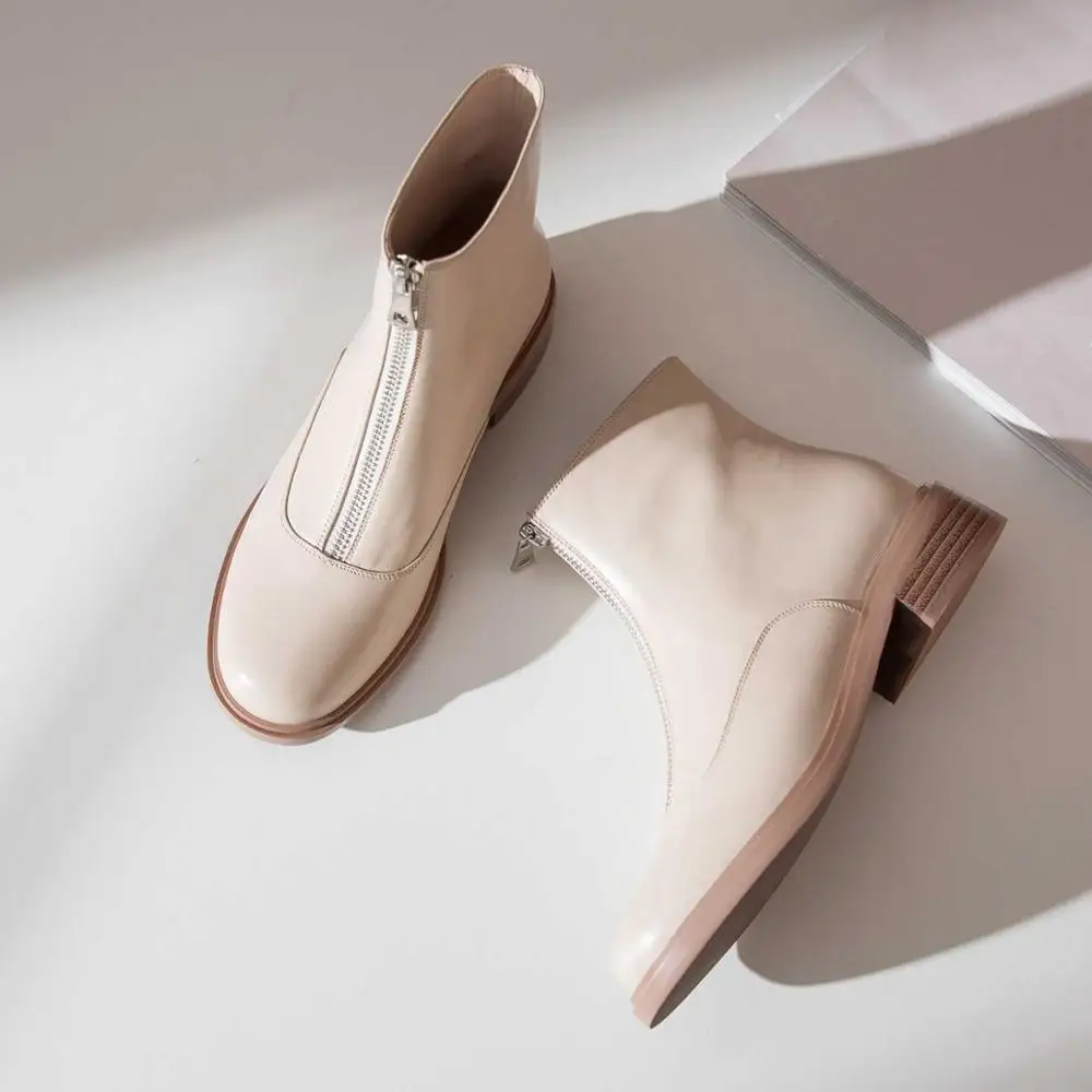 krazing pot winter warm leisure simple style genuine leather solid round toe low heels women fashion Zipper punk ankle boots L00