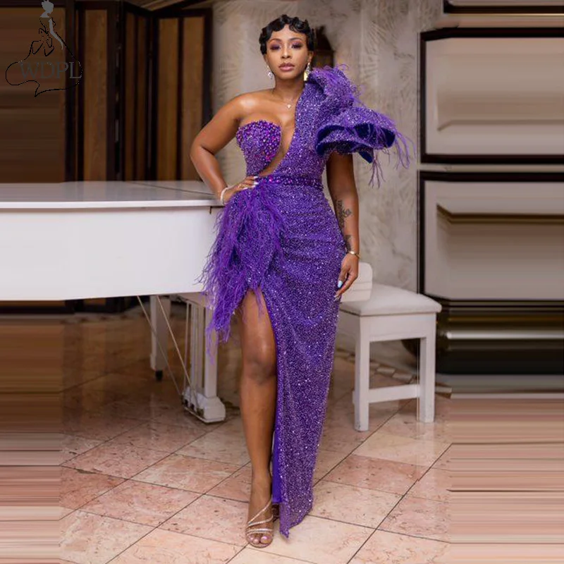 African Dresses For Women Purple Beading With Tassels High Slit One Shoulder Floor Length Evening Formal Long Gowns 2020
