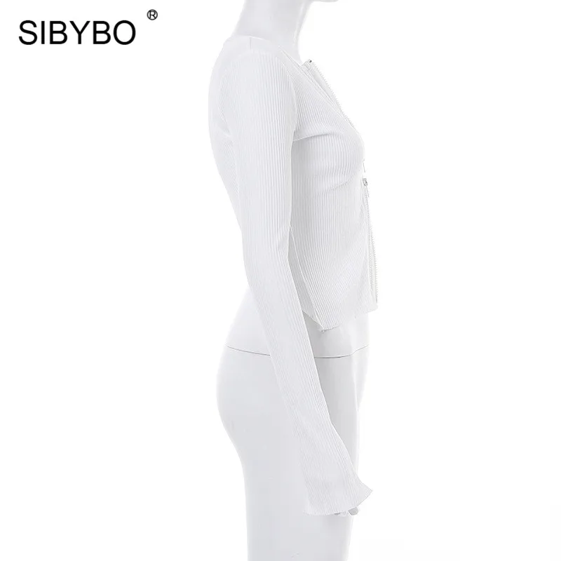 SIBYBO ребристый длинный рукав Осенняя футболка женская на молнии с круглым вырезом сексуальные женские топы тонкие белые повседневные женские футболки Топ