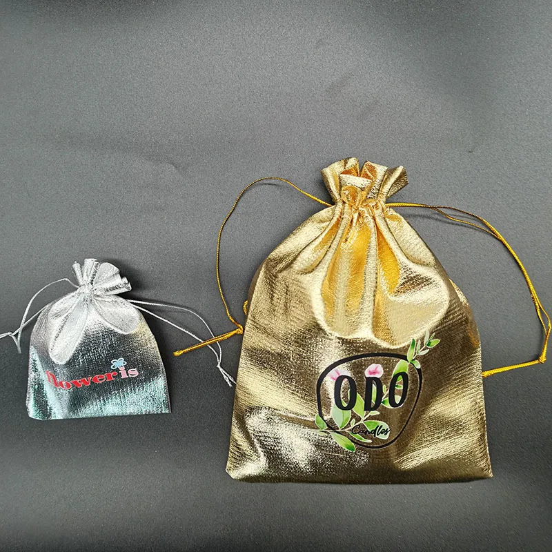 100 Customized Logo print Small Jewelry Packing Silver Gold Foil Cloth Drawstring Bag Wedding Makeup packaging Gift Bags Pouches