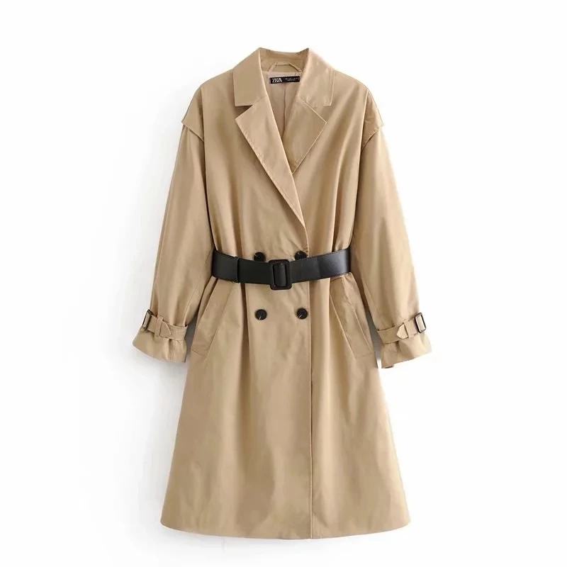 Увядший Тренч Женский английский винтажный зазубренный двубортный с поясом оверсайз Свободное пальто женское длинное пальто плюс размер - Цвет: Хаки