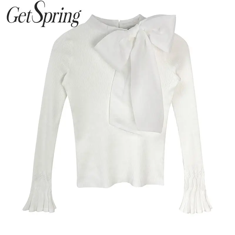 Getвесенний женский свитер с бантом и стоячим воротником свитера расклешенными