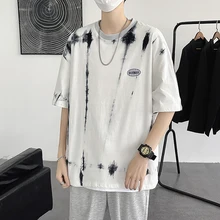 

Tie Dye Print Short Sleeve Men T Shirts 2022 Summer Teenager Hip Hop Fashion Trend High Street Oversized Punk Clothing White Top
