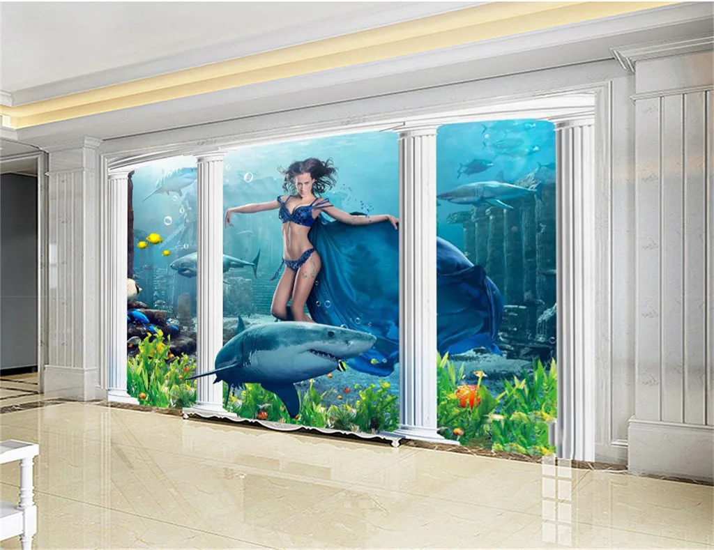 3d обои для дома Акула Дельфин подводный мир Русалка Коралл твердая стена HD Улучшенный интерьер декоративные обои