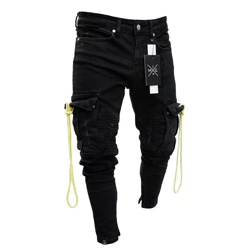 Модные мужские джинсы, винтажные обтягивающие рваные джинсы, рваные обтягивающие джинсовые штаны, мужские уличные джинсы в полоску в стиле хип-хоп, AB16