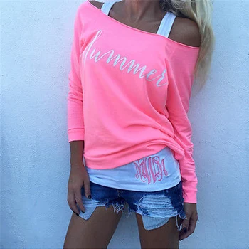 

2019 Fashion Women Pink Letter Blouse Cotton Ladies Spring Autumn Loose Casual Long Sleeve Off Shoulder Strap Tops