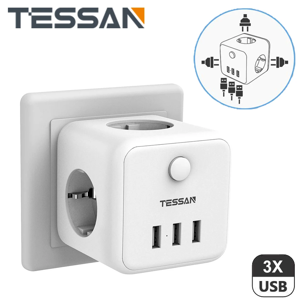 Белый адаптер питания с европейской вилкой TESSAN 3 USB-порта для зарядки розетки