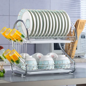 

2 Tier Dish Rack Holder Basket Plated Iron Washing Kitchen Sink Dish Drainer Drying Rack Organizer Free Shipping