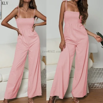 

2020 KLV Women Ladies Summer Bandeau Plain Solid Strappy Sleeveless Holiday Long Wide Leg Jumpsuit Romper Pants