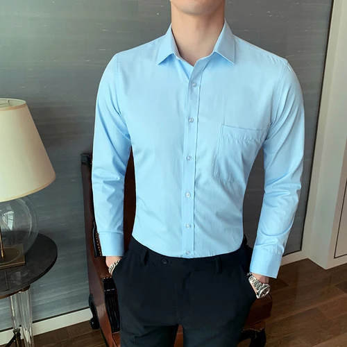 light blue Брендовая одежда, модное мужское осеннее платье, деловая рубашка/Мужская рубашка высокого качества из чистого хлопка с длинными рукавами, большие размеры, S-6XL - Цвет: light blue