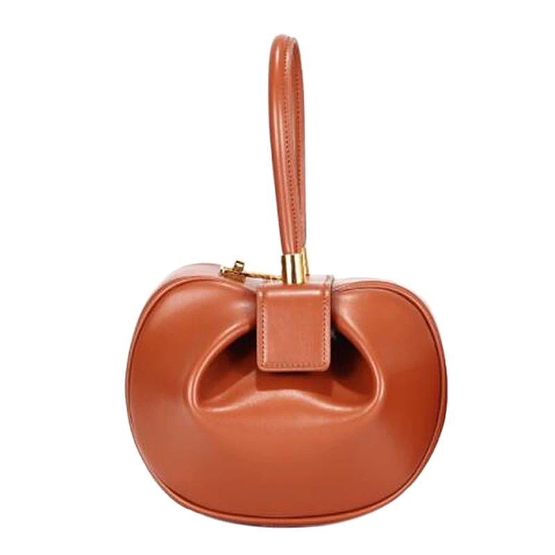 

New Genuine Leather Women Bucket Handbags Round Handbags Ladies Solid Dumpling Bag Top-Handle Bags Vintage Bell Shape Tote Brown