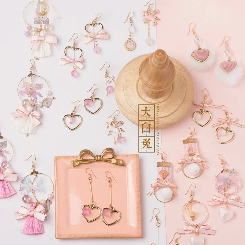 

Lolita Pink Unicorn Peach Heart Faux Moonstone Bow S925 Silver Earrings Japanese style Pierceless Clip-on