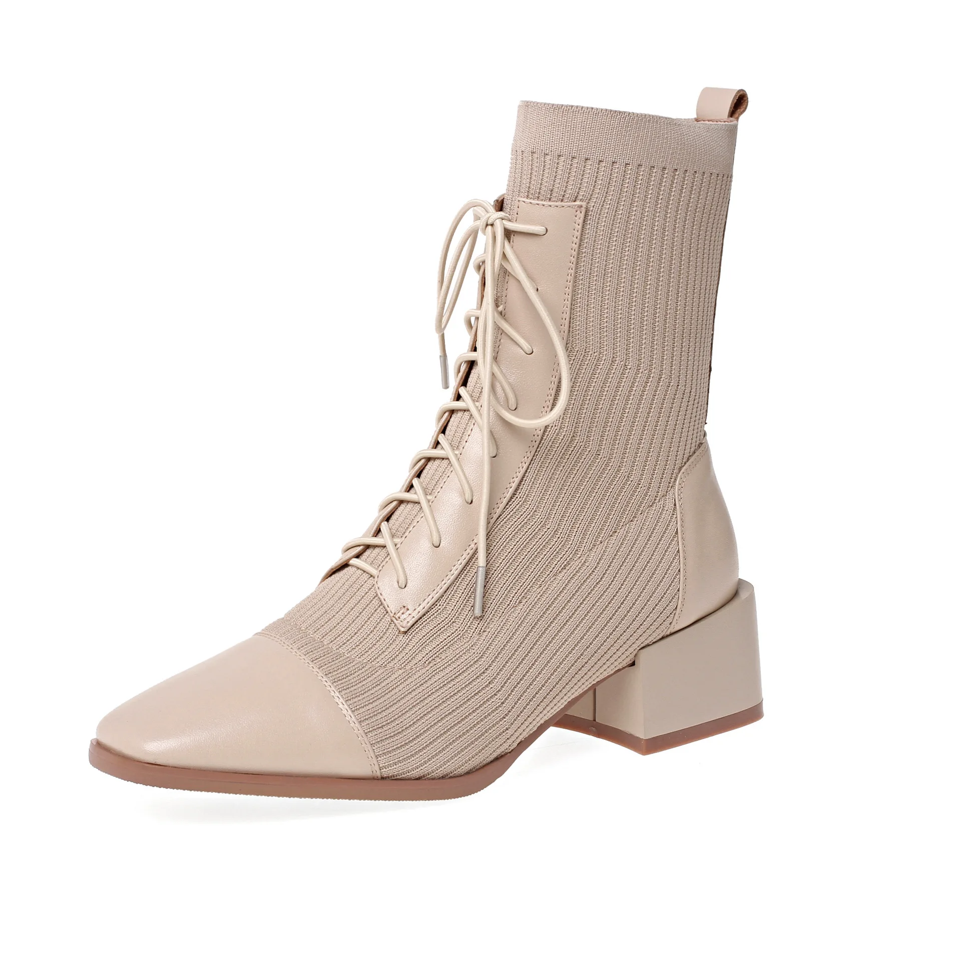 

Korean High End Women's Single Boot Splicing Autumn Winter 2019 New Cow Leather Knitting Elastic Martin Boot School Style