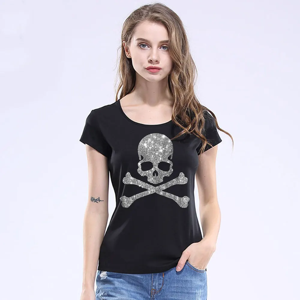 Модная футболка женская Blusa Мягкий хлопок футболки сверкающие алмазы с принтом «череп» Футболка harajuku короткий рукав женская одежда