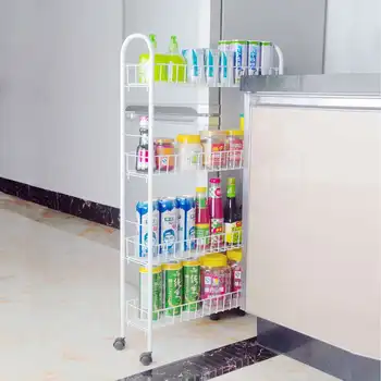 

New 3/4 Layer Metal Gap~Kitchen Storage Rack Slim Movable White Iron Kitchen Bathroom Shelf Wheels Space Saving Organizer + PP p