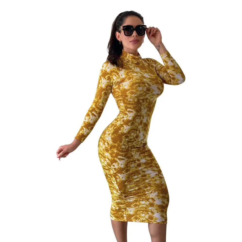 

Dresses For Women 2021 Autumn New Tie Dye Printed Turtleneck Long Sleeve Bodycon Slim Pencil Dress Sexy Party Clubwear Outfits