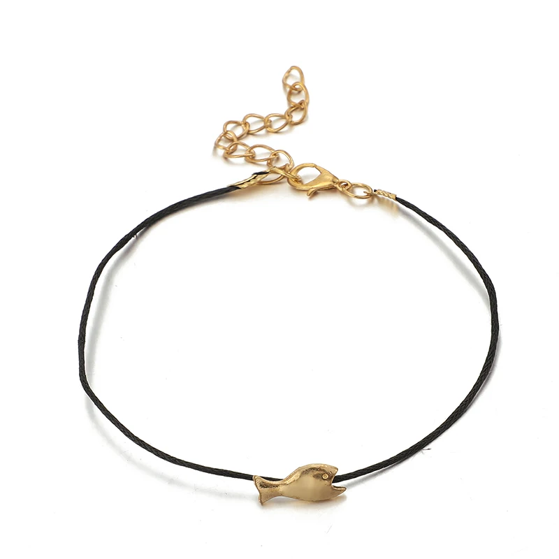 Docona Boho золото Цвет рыбы черный многослойный, с бусинами ножной браслет набор для Для женщин Регулируемая Ножка цепи Tobillera 5 шт./компл. 8540