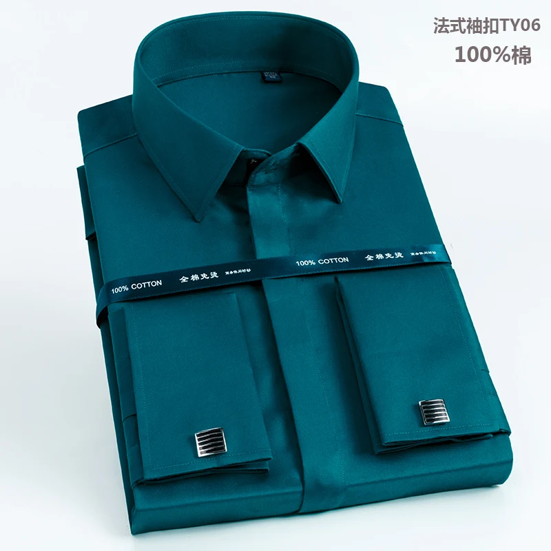 Мужская одежда с французскими манжетами, рубашка с длинным рукавом высокого качества, Мужская Повседневная рубашка с запонками для свадебной вечеринки размера плюс 5XL 6XL - Цвет: Зеленый