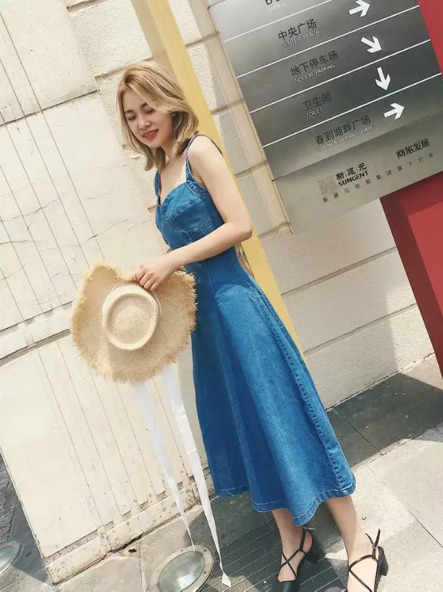 

2018 Spring And Summer New Style Cowboy Strapped Dress High-waisted Slim Fit Slimming Mid-length A- line Skirt J8156