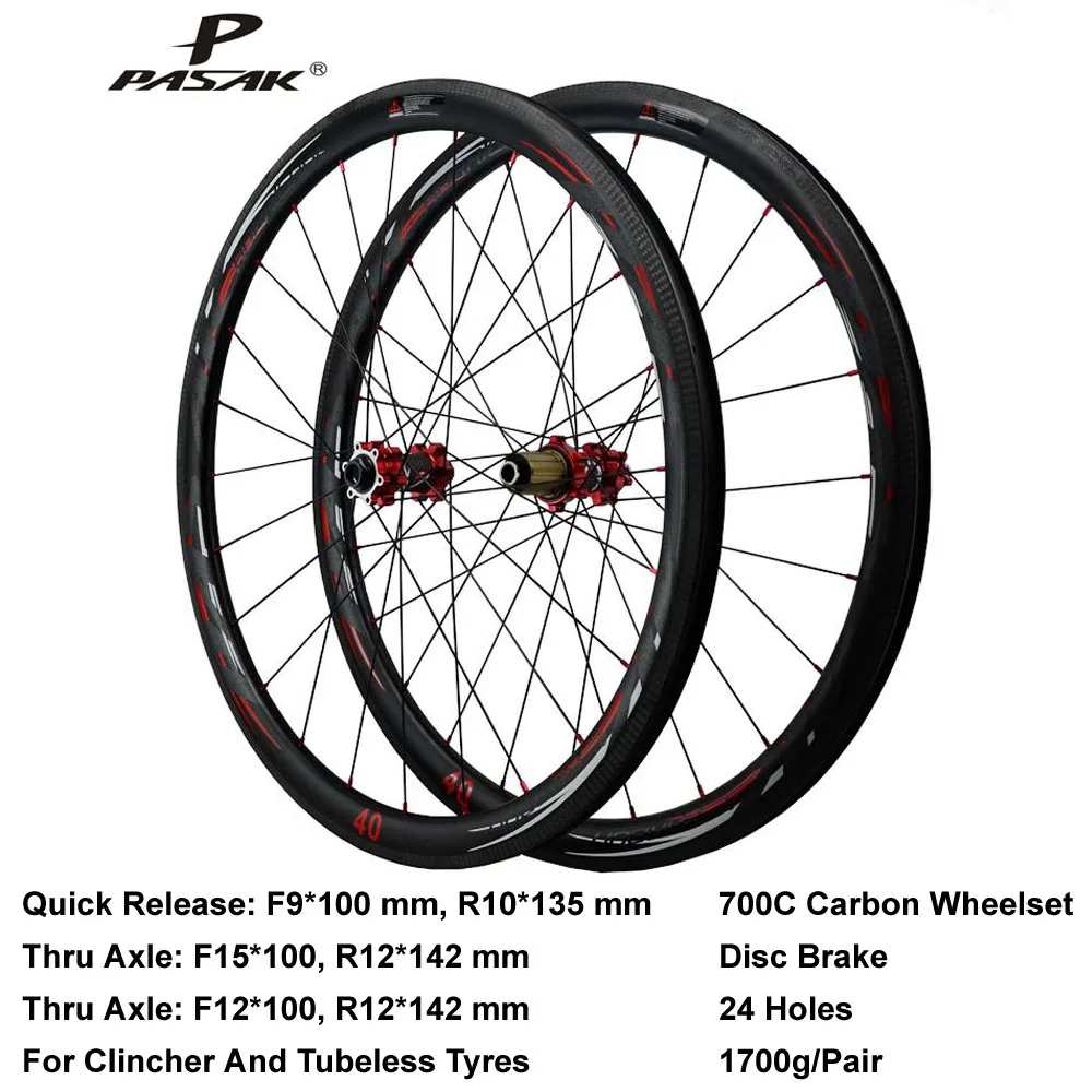 

Pasak 700c Carbon Road Wheelset Clincher Tubeless 24 Holes Disc Brake 40mm QR F9X100 R10x135mm Thru Axle F15X100 F12X100 R12X142