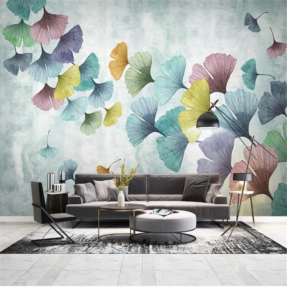 

Milofi custom 3D printing wallpaper mural small fresh Nordic ginkgo leaf watercolor hand-painted TV sofa background wall