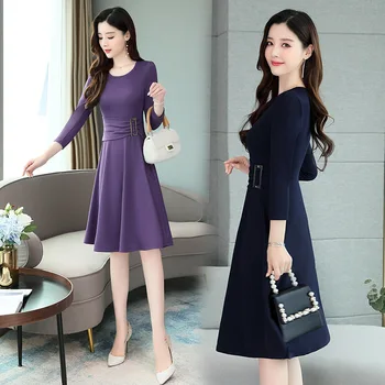 

2020 Autumn women's simple stretch knit dress waist slimming long section big swing skirt