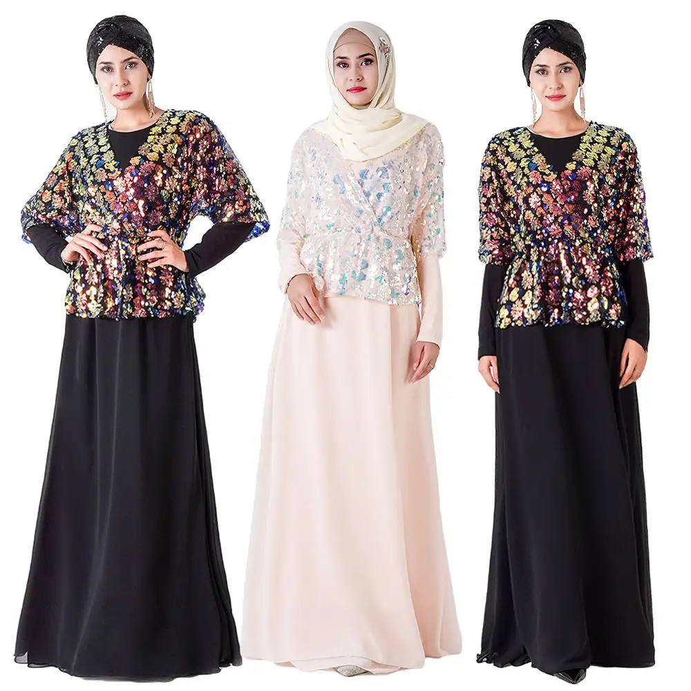 Дубай блёстки мусульманское abaya Женское Платье макси с длинным рукавом винтажный