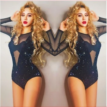

Jumpsuit Sexy Siamese Deep V Sequin Mesh Stage Costumes For Singers Long Sleeve Bodysuit Pole Dance Jazz Dance Sexy Costumes
