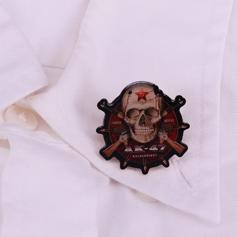 Protect Defend AK-47 Kalashnikov Enamel Pin Gun Skeleton Brooch For Lapel Coat Sweater Badge | Украшения и аксессуары