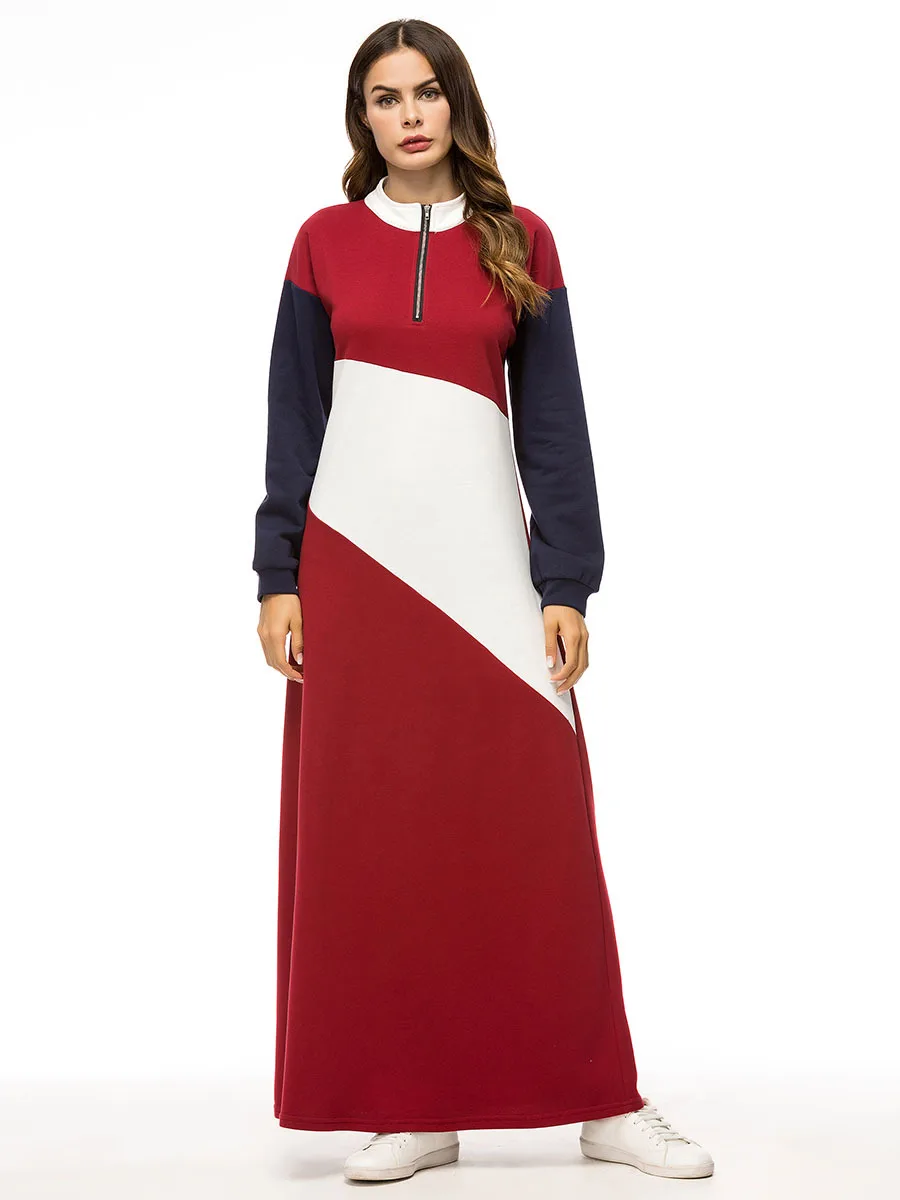 Abaya Дубайский Мусульманский платье длинное высококачественное модное контрастная прошивка с длинными рукавами на молнии утепленное