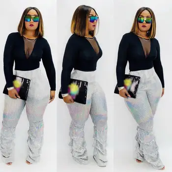 

2020 Spring Autumn Newest Women Bling Bling Sequins Silver Pants High Waist Striaght Full Length Pants