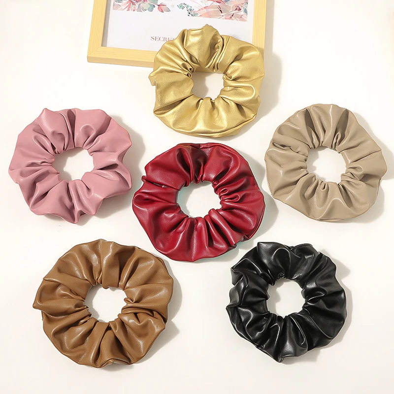 

Lady Hair Scrunchies Ring Elastic Hair Bands Pure Color Bobble Sports Dance PU Leather Soft Charming Scrunchie Hairband Ties