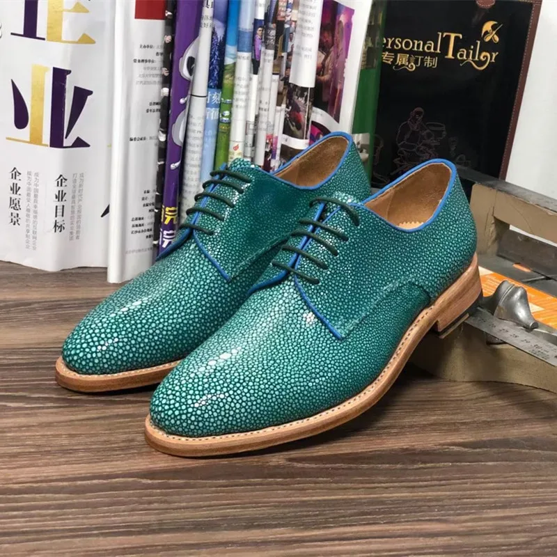 

Authentic Smooth Stingray Skin Round Toe Designer Chic Light Green Color Men's Dress Shoes Genuine Leather Male Lace-up Oxfords