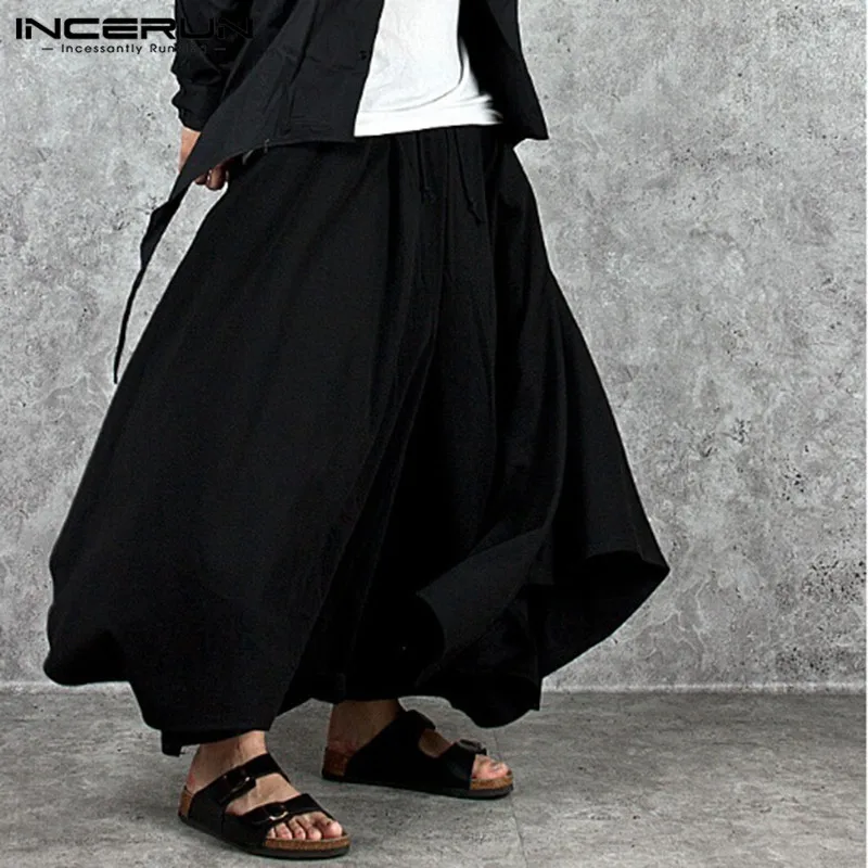 

INCERUN Mens Fashion Wide Legs Pants Loose Drawstring Trousers Men Baggy Cropped Pants Vintage Solid Crotch Trousers Streetwear7