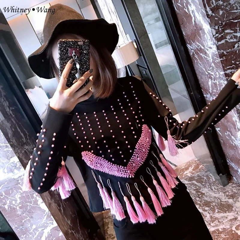 WHITNEY WANG Футболка женская Осенняя мода уличная Ручная работа Beadings Tassel Футболка женская футболка Топы Футболка femme
