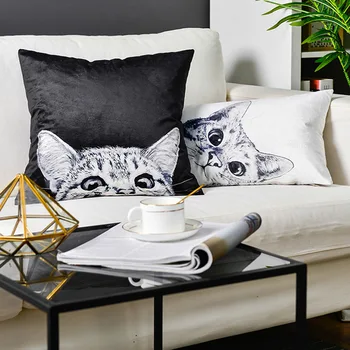 

30x50/45x45cm Cute Black White Cat Cushion for Home Office Cartoon Sofa Bedside Bay Window Backrest Support Lumbar Pillow