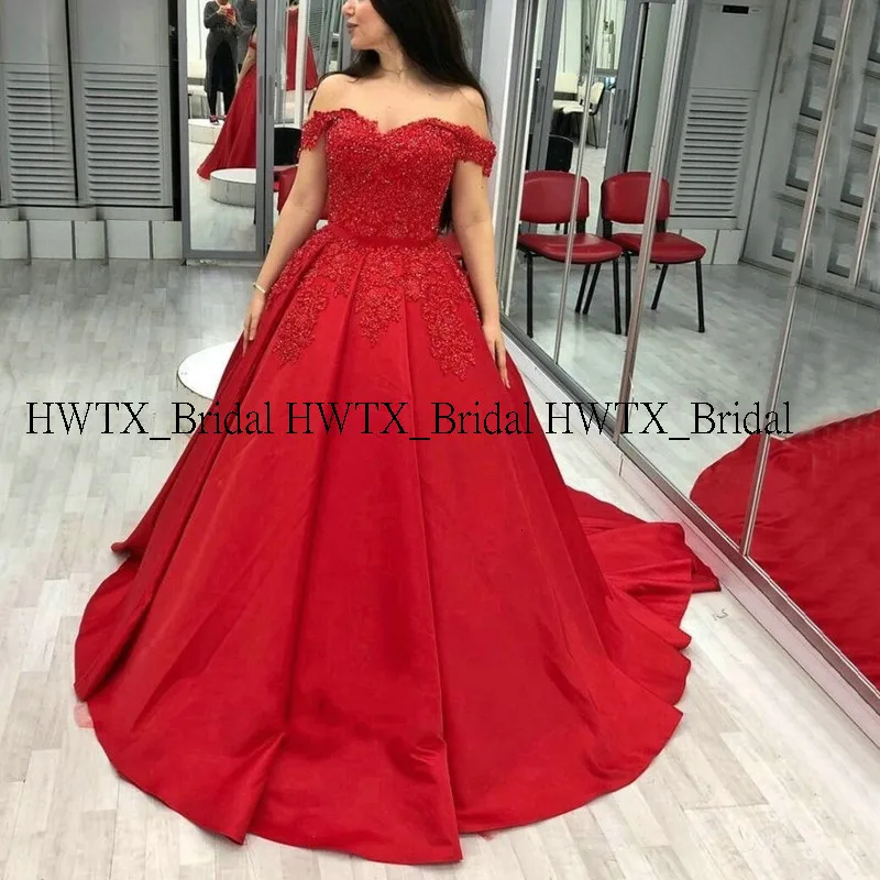 Красный HWTX_Bridal красное сатиновое вечернее платье со шлейфом с открытыми плечами бисером аппликации размера плюс ТРАПЕЦИЕВИДНОЕ длинное женское вечернее платье на заказ - Цвет: Красный