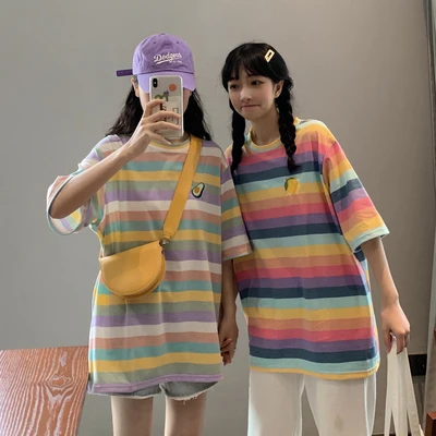 Casual Loose Lemon Avocado Embroidered Colorful Striped Summer Spring 2020 New Arrival Hot Sale Women Top T-shirts | Женская одежда
