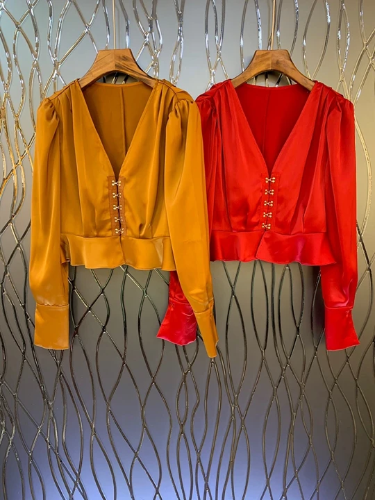 

2019 Early Autumn New Woman V-collar Pure-color Decorative Long-sleeved Baituan Short Top 917