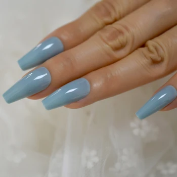 

Thick Acrylic Nail Art Tips Light Blue Medium Long False Nails Fashion Coffin Shape Faux Ongles 24 CT