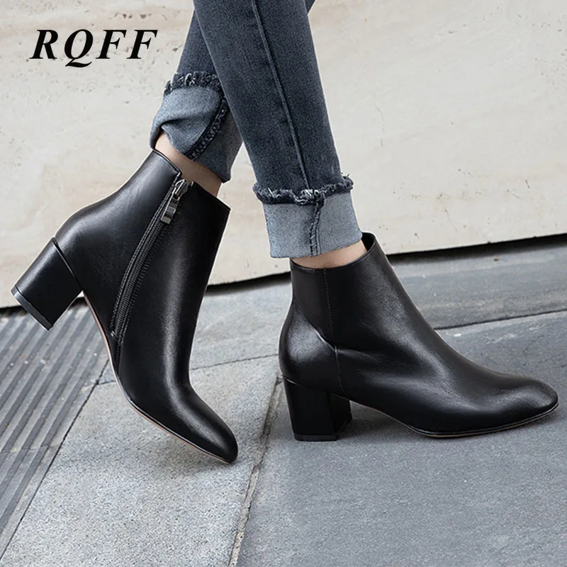 

Plus Big Size 43 44 45 Ankle Boots Womens 2019 New Autumn Winter Fashion Square High Heels Shoes Woman Round Toe Zipper Handmade