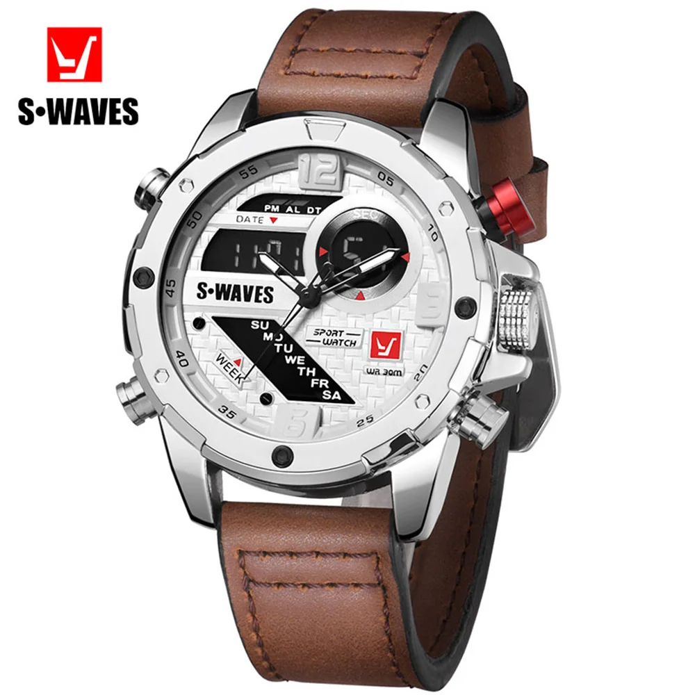 

SWAVES Fashion Watches Mens 2019 Waterproof Dual Display Wrist Watch Men Unique Sports Quartz Alarm Clock Leather Reloj Hombre