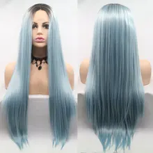 С эффектом деграде(переход от темного Soots, чтобы светильник синий шелковистые прямые парики термостойкие волокна волос пробор синтетический Синтетические волосы на кружеве парики для Для женщин
