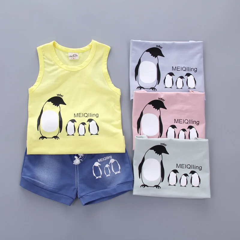 

Summer Children Cotton Clothes Baby Boy Girls Cartoon Printed Vest Denim Shorts 2Pcs/sets Infant Kids Fashion Toddler Tracksuits