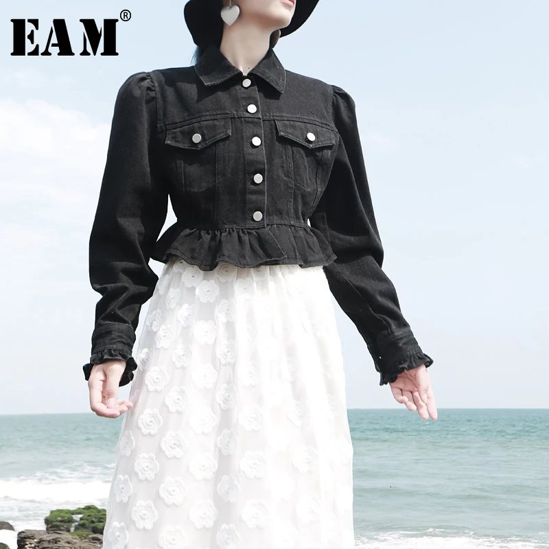 

[EAM] Loose Fit Black Ruffles Split Joint Denim Jacket New Lapel Long Sleeve Women Coat Fashion Tide Autumn Winter 2019 1D842