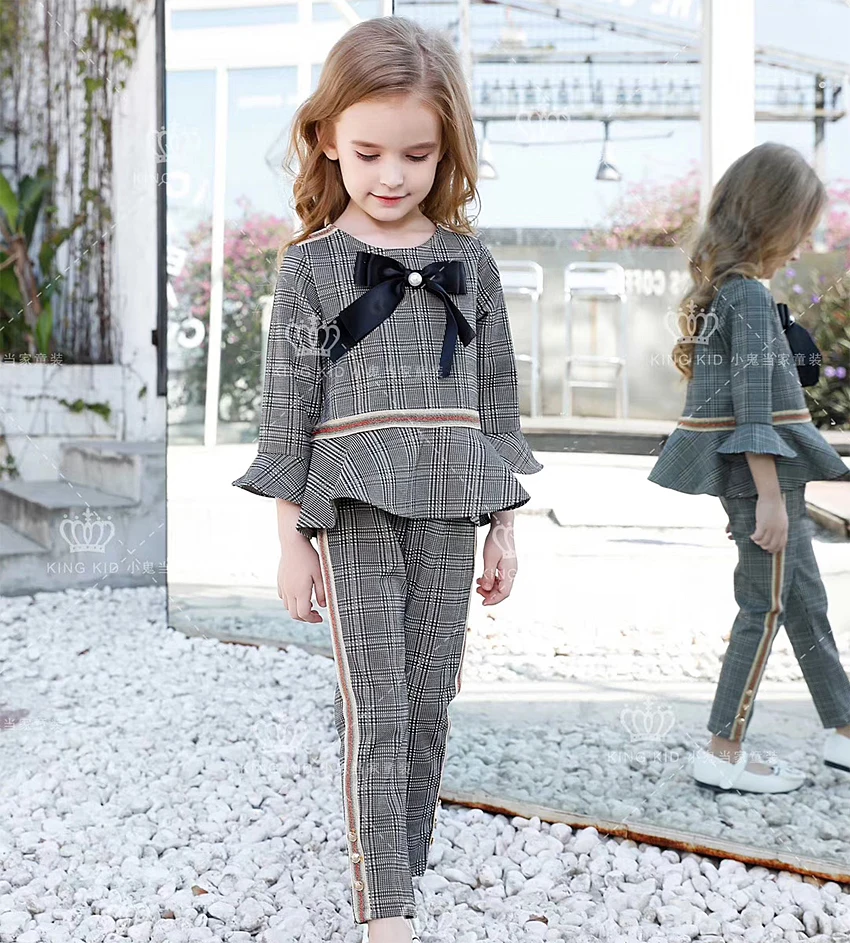 

97133009 New Plaid Princess Winter Spring Fall Autumn Baby Girls Clothing Set T-shirt Top + Pant Wholesale Baby Girls Clothes