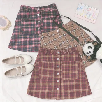 

Autumn Women Vintage Multi-color soft sister A-Line Skirt Young Girl Student Small Fresh Teenage heart Wild Slim Plaid Skirt
