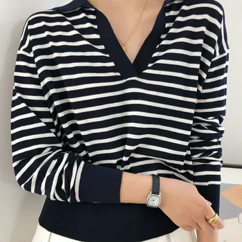 

Stripes Womens Knit Sweater Long Sleeve Simlpe V-neck Casual Jumpers Knitwear Early Autumn Pullover Top Clothing